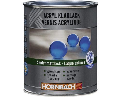 Hornbach Acryl Klarlack seidenmatt, geruchsarm und schnelltrocknend. Dose mit Umweltsiegel Der Blaue Engel, Spielzeugeignung und Hornbach Logo.