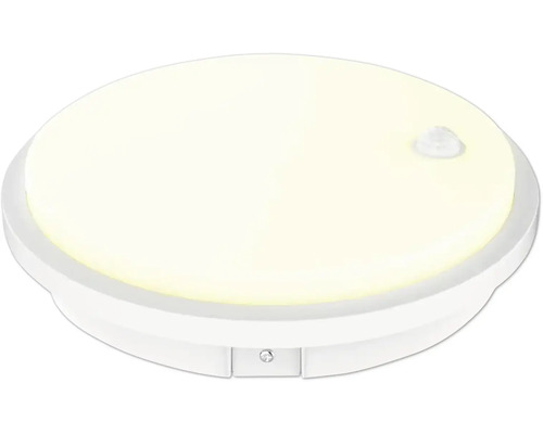 Runde LED-Deckenleuchte mit Bewegungsmelder aus Kunststoff in Weiß.