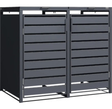 Anthrazitfarbene Mülltonnenbox für zwei Abfallbehälter aus Metall mit waagerechten Lamellen und zwei Deckeln.