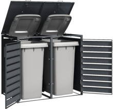 Anthrazitfarbene Mülltonnenbox aus Metall für zwei Tonnen mit geöffneten Lamellentüren und Deckeln.