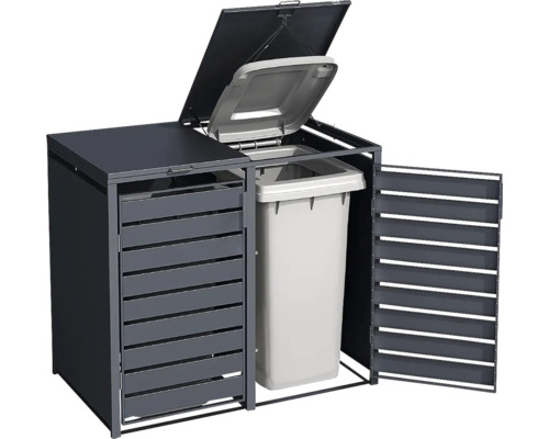 Anthrazitfarbene Mülltonnenbox aus Metall für zwei Mülltonnen, eine Tür und der Deckel sind zur Demonstration geöffnet.