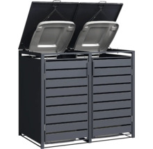 Mülltonnenbox für zwei Tonnen aus Metall in Anthrazit mit Lamellentüren und geöffneten Deckeln, verbunden mit den Mülltonnendeckeln.