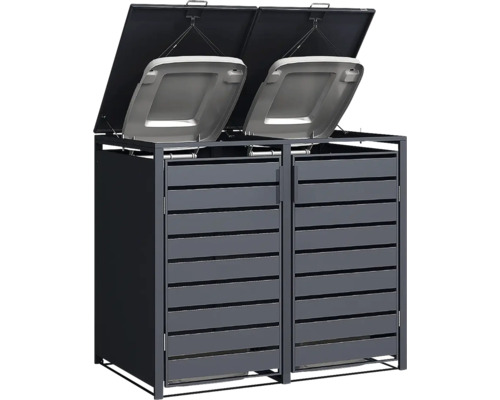 Mülltonnenbox für zwei Tonnen aus Metall in Anthrazit mit Lamellentüren und geöffneten Deckeln, verbunden mit den Mülltonnendeckeln.