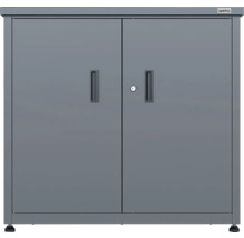 Grauer Weka Metall-Gartenschrank mit zwei Türen, Zylinderschloss und Griffmulden.