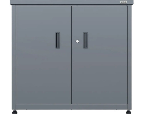 Grauer Weka Metall-Gartenschrank mit zwei Türen, Zylinderschloss und Griffmulden.