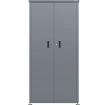 Hoher grauer Metall-Gartenschrank mit Doppeltüren, zwei Griffmulden und Schloss. Weka Logo.