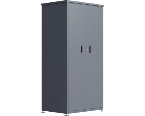 Weka Metall-Geräteschrank mit zwei Türen, Schloss und verstellbaren Füßen für den Außenbereich.