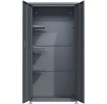 Weka Metallschrank mit geöffneten Türen und mehreren Regalböden im Innenraum. Weka Logo.