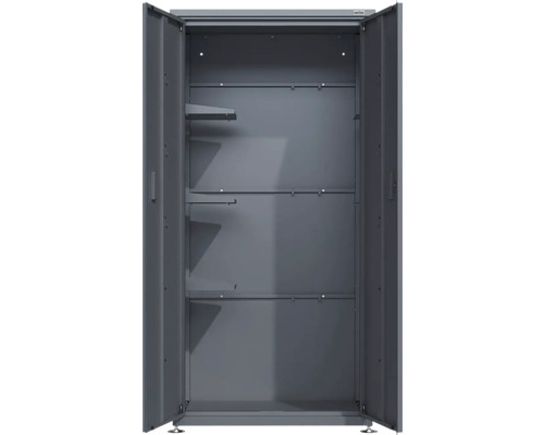 Weka Metallschrank mit geöffneten Türen und mehreren Regalböden im Innenraum. Weka Logo.