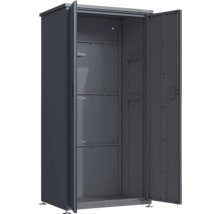Weko Metallschrank in Anthrazit, geöffnet, mit Innenböden und Schienen.