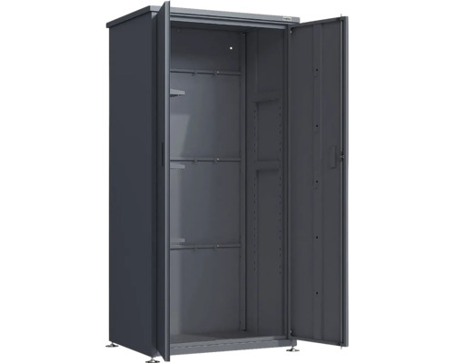 Weko Metallschrank in Anthrazit, geöffnet, mit Innenböden und Schienen.