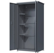 Dunkelgrauer Geräteschrank aus Metall mit zwei Türen und drei Einlegeböden.