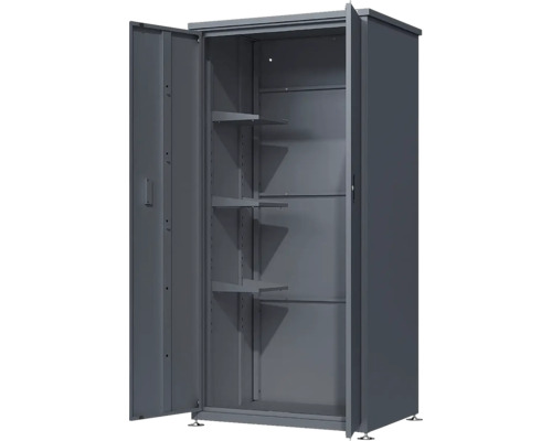 Dunkelgrauer Geräteschrank aus Metall mit zwei Türen und drei Einlegeböden.