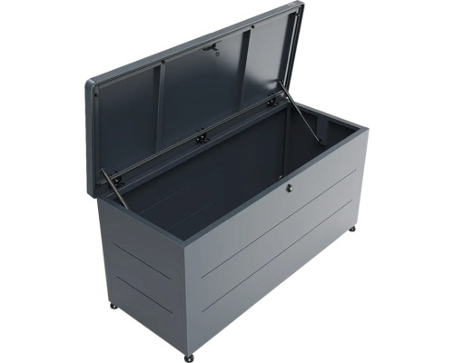 Biohort Freizeitbox aus Metall in Dunkelgrau mit geöffnetem Deckel und Gasdruckfedern.