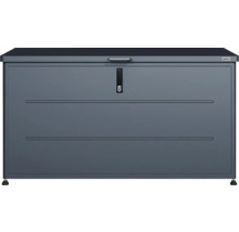 Anthrazitfarbene Weka Gartenbox aus Metall mit Deckelgriff und Zylinderschloss.