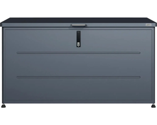 Anthrazitfarbene Weka Gartenbox aus Metall mit Deckelgriff und Zylinderschloss.