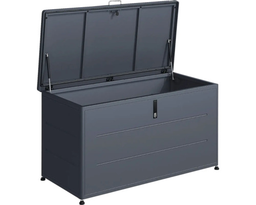 Gartenbox aus Metall in Anthrazit mit geöffnetem Deckel und Gasdruckfedern.