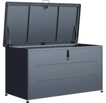 Große Auflagenbox aus Metall in Anthrazit mit geöffnetem Deckel und Gasdruckfedern für den Garten.