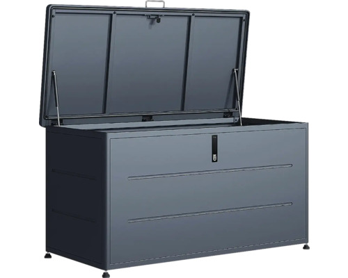 Große Auflagenbox aus Metall in Anthrazit mit geöffnetem Deckel und Gasdruckfedern für den Garten.