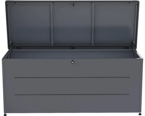 Offene Gartenbox aus Metall in Dunkelgrau mit Gasdruckfedern und Schloss.