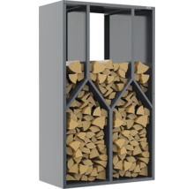 Kaminholzregal aus Metall in Grau, befüllt mit gespaltenem Brennholz in verschiedenen Fächern.