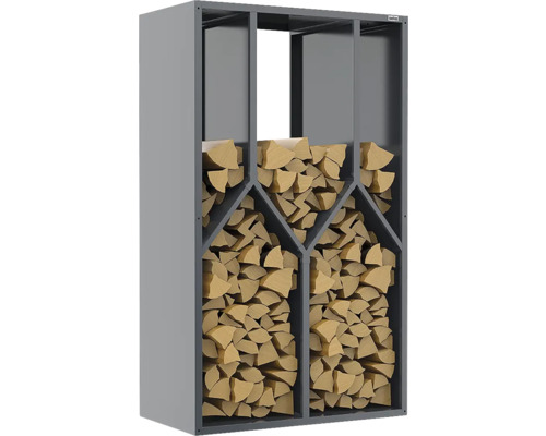 Kaminholzregal aus Metall in Grau, befüllt mit gespaltenem Brennholz in verschiedenen Fächern.