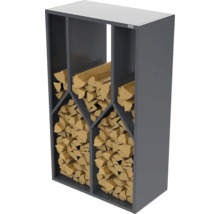 Kaminholzregal aus Metall mit Fächern gefüllt mit Brennholz, Weka Logo.