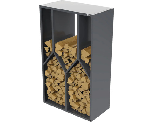 Kaminholzregal aus Metall mit Fächern gefüllt mit Brennholz, Weka Logo.