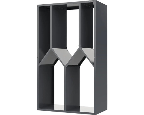 Weka Kaminholzregal aus Metall in Anthrazit mit vertikalen Trennwänden und dreieckigen Zwischenböden.