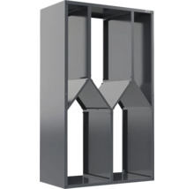 Flaschenregal aus Metall in Anthrazit mit rautenförmigen Fächern.