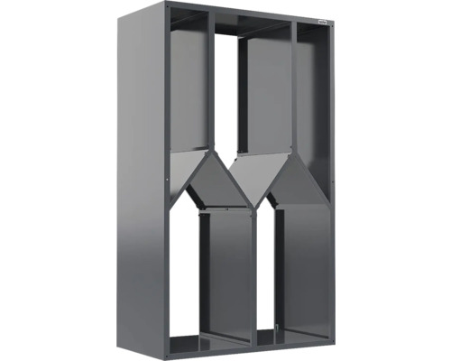 Flaschenregal aus Metall in Anthrazit mit rautenförmigen Fächern.