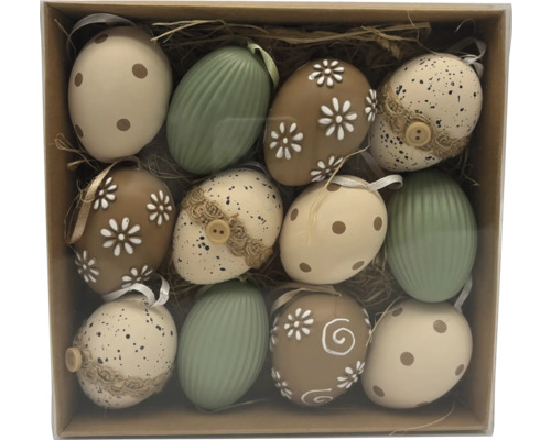 Dekohänger Lafiora Ostereier 8,2 x 17,6 x 4,3 cm naturbelassen 12 Stück Ostereier-Set mit zwölf Stück in verschiedenen Mustern wie Punkten, Blüten und Streifen in einer Schachtel mit Stroh.