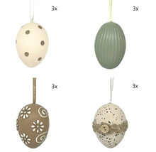 Set aus 12 dekorativen Ostereiern zum Aufhängen in vier Designs: gepunktet, geriffelt, geblümt und gesprenkelt mit Juteband und Knopf.