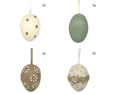 Set aus 12 dekorativen Ostereiern zum Aufhängen in vier Designs: gepunktet, geriffelt, geblümt und gesprenkelt mit Juteband und Knopf.