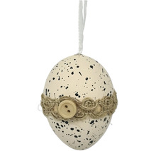 Dekoei mit schwarzen Sprenkeln, Juteband und Knopf sowie Aufhängeschlaufe für die Osterdekoration.