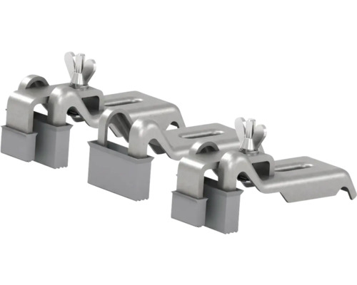 Metallklammern mit Flügelmuttern und grauen Kunststofffüßen.