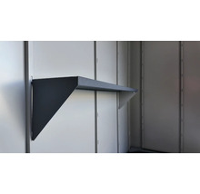 Dunkelgrauer Regalboden aus Metall mit strukturierter Oberfläche, wandmontiert.