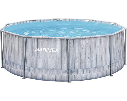 Aufstellpool Framepool Marimex rund 305 x 91 cm grau, holz inkl. Skimmer Runder Marimex Rahmenpool mit Außenwand in Holzoptik und sichtbarem Metallgestell, gefüllt mit Wasser.