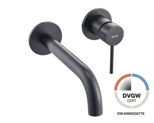 AVITAL Wand-Waschtischarmatur ARNETTE schwarz matt mit Unterputzgrundkörper AVITAL Wand-Waschtischarmatur in Schwarz matt, 2-Loch-Armatur mit gebogenem Auslauf und Einhebelmischer, DVGW zertifiziert.