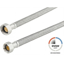 Flexibler Anschlussschlauch aus Edelstahlgeflecht und DVGW Logo.