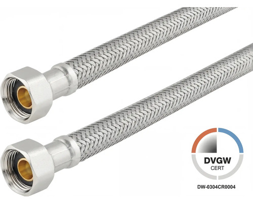 Flexible Panzerschläuche aus Edelstahl mit Anschlussmuttern und DVGW-Zertifizierung.
