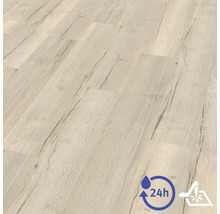 Laminatboden in heller Holzoptik mit sichtbarer Maserung, wasserresistent bis zu 24 Stunden und pflegeleicht.