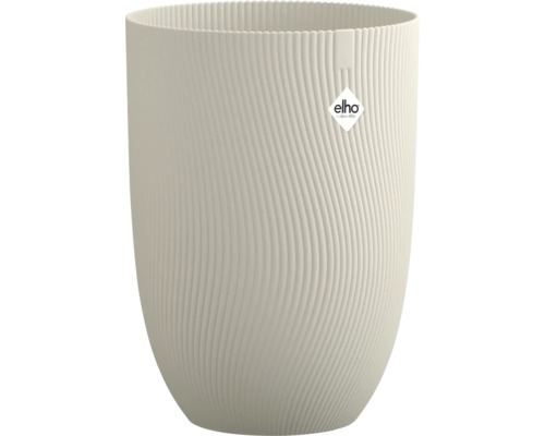 Hoher, abgerundeter Blumentopf mit welliger Rippenstruktur und Elho Logo.
