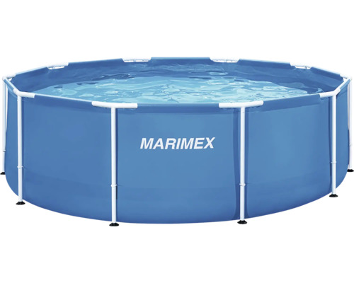 Runder Marimex Rahmenpool mit weißem Metallgestell und blauer Poolfolie, gefüllt mit Wasser.