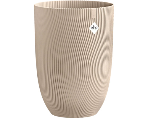 Hoher runder Blumentopf in Beige aus Kunststoff mit gewellter Oberflächenstruktur und Elho Logo.