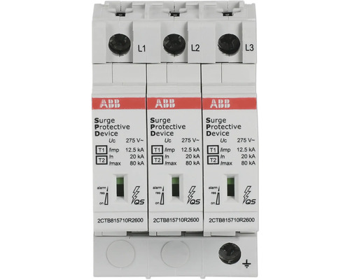 Dreipoliges ABB Überspannungsschutzgerät Typ 1 und Typ 2 für 275 Volt Wechselspannung mit Statusanzeigen und ABB Logo.