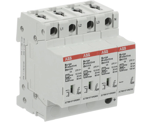 ABB Überspannungsschutzgerät Typ 1 und 2, 4-polig für L1, L2, L3 und Neutralleiter zur Montage auf einer Hutschiene.