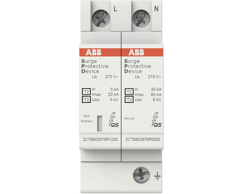 ABB Überspannungsableiter Typ 2+3 2-polig ABB Logo, Überspannungsschutzgerät Typ 2 und 3, 275 Volt, mit Statusanzeige und Anschlussklemmen für Phase, Neutralleiter und Erde.