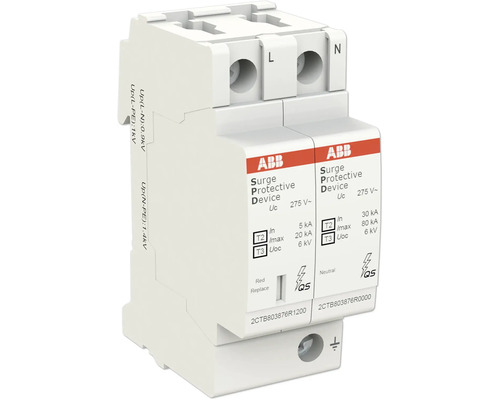 ABB Überspannungsschutzgerät Typ 2 und Typ 3, zweipolig für Phase und Neutralleiter, zur Montage auf der Hutschiene.