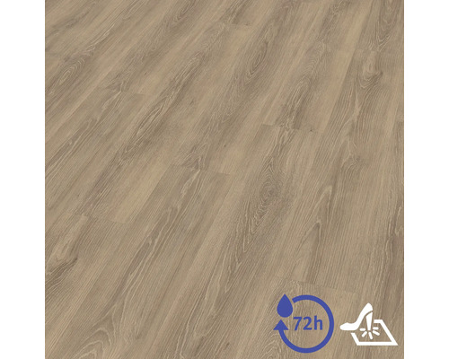 Laminatboden mit Holzstruktur, zweiundsiebzig Stunden wasserresistent und kratzfest.